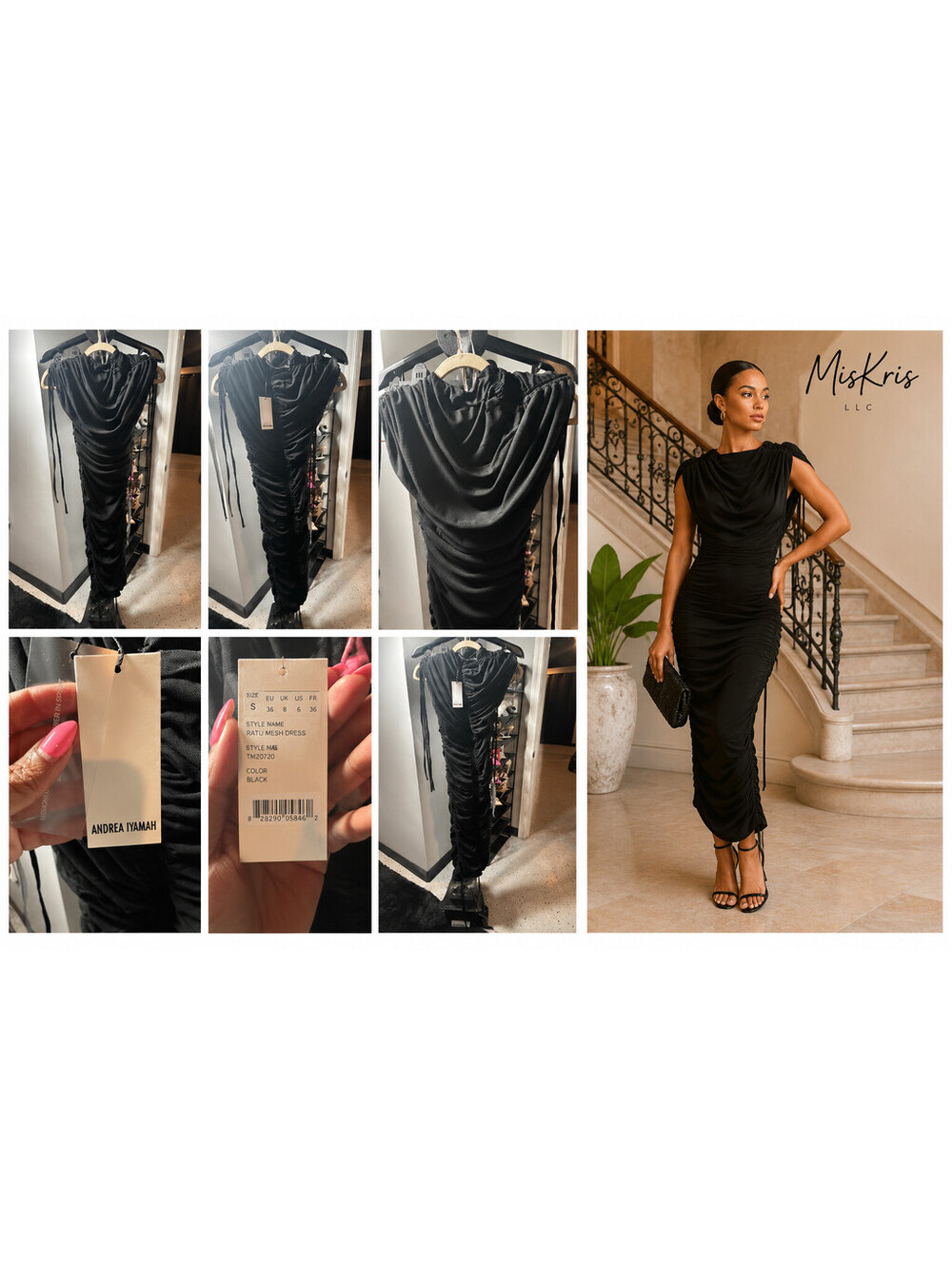 NWT Andrea Iyamah Ratu Mesh Black Ruched Draped Midi Dress US 6